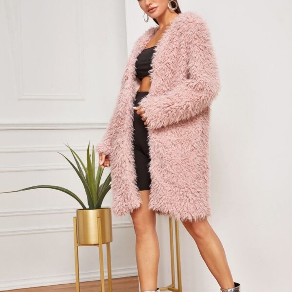 Pink oversized Open Front Fuzzy teddy Coat jacket - Picture 8 of 12